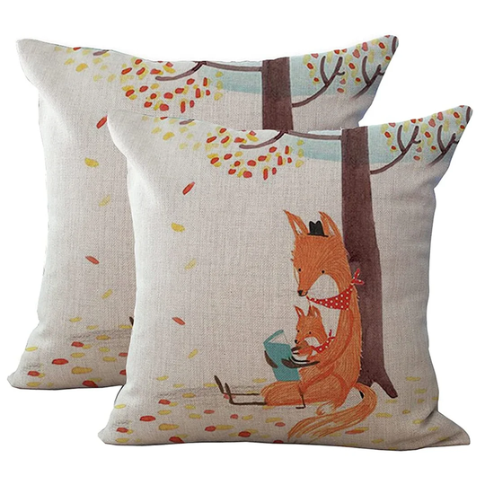 2Pcs Cute Fox Pillow Decorative Cartoon Linen Square Throw Pillow Cover- Fits 16X16 To 18X18 Pillows / Cushions - Inspirational Quote Cotton Linen Thr