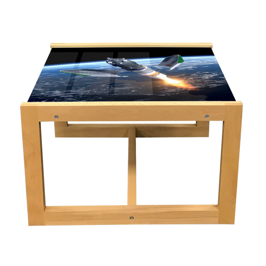 Outer Space Coffee Table, Launch Of Cargo Spacecraft In Progress Rocket Takes Off Cosmos Universe, Acrylic Glass Center Table With Wooden Frame For Of