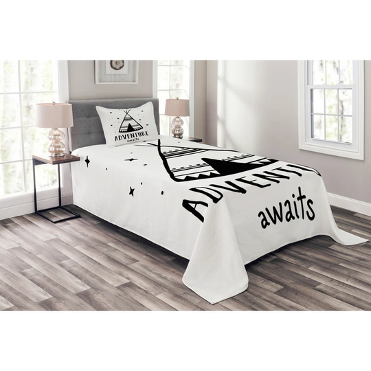 Adventure Awaits Bedspread, Tribal Tent With Motivation Calligraphy Stars Doodle, Decorative Quilted Piece Coverlet Set With Pillow Sham, Size, Black