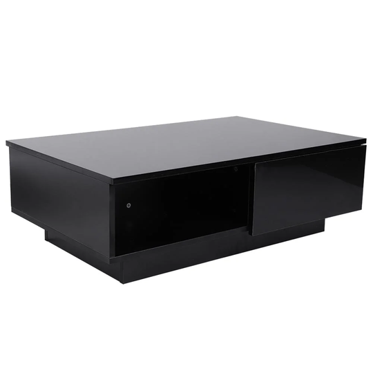 Black Coffee Table, Rectangular Coffee Tea Table With Drawers, Side Table With LED Light, High Gloss Coffee Table For Living Room Office Furniture, Lo