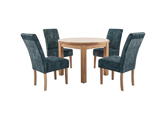 Furnitureland - California Solid Oak Round Extending Table and 4 Velvet Fabric Dining Chairs