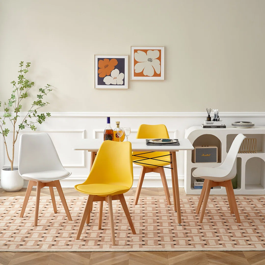 Set Of 4 Dining Chairs Upholstered Chair With Beech Wood Legs And Padded Chair For Dining Room Living Room Bedroom Kitchen Meeting Room,White + Yellow