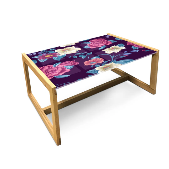 Floral Coffee Table, Rhythmic Wildflower Pointed Petals Roses Blue Leaves On Dark Background, Acrylic Glass Center Table With Wooden Frame For Offices