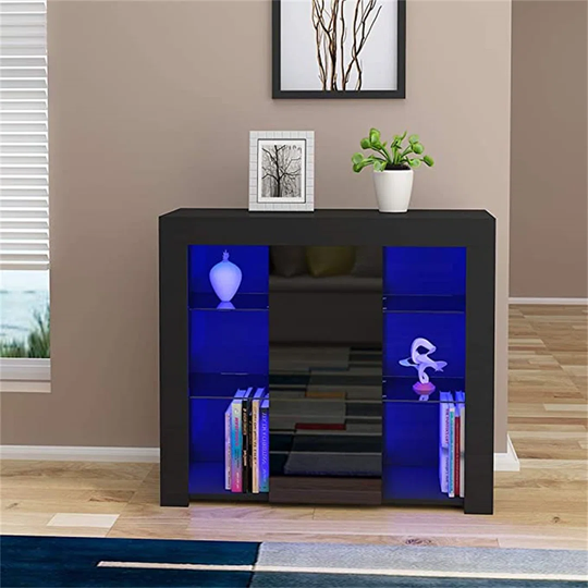 Sideboard Cupboard Unit 4 Glass Shelves Cabinet With White LED Lights