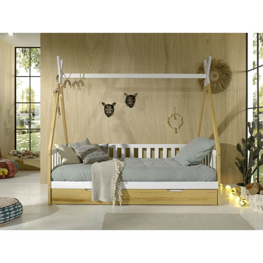 Tipi Bunk Bed with Border, Roof Frame, Roll -Up Slatted Frame and Bed Drawer