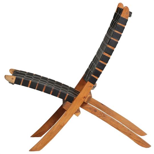 Folding Chair Crossed-Stripe Black Real Leather