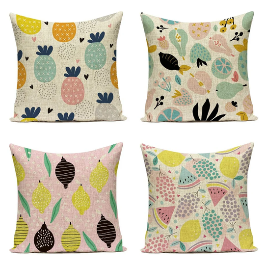 Set Of 4 Throw Pillow Covers Fruit Series Linen Square Pillow Cases Home Decor Sofa Bedroom Car Pillowcase 18X18 Inch /45X45 CM