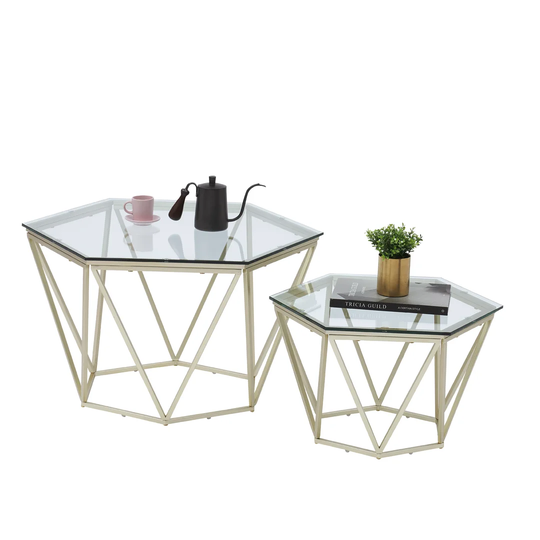Rohoman Living Room Table Coffee Table Nesting Table Set Of 2, Glass Nesting Table, Gold