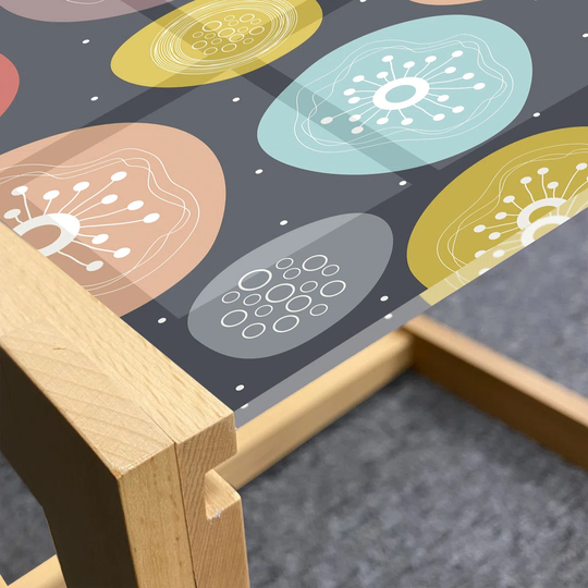 Abstract Coffee Table, Random Circles With Wavy Streaks Or Polka Dots In Pastel Tone Colors, Acrylic Glass Center Table With Wooden Frame For Offices