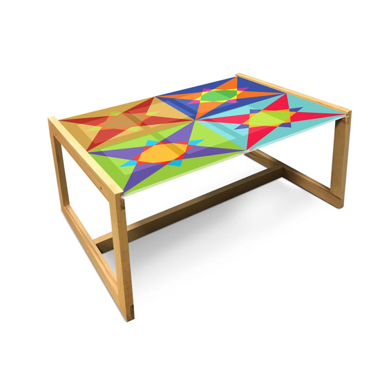 Modern Coffee Table, Colorful Design Of Quirky Shapes And Geometric Formation Circles And Triangles, Acrylic Glass Center Table With Wooden Frame For