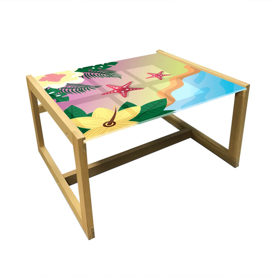 Graphic Beach Coffee Table, Summer Time Lovey Nautical And Tropic Elements Starfish Flowers At The Shore, Acrylic Glass Center Table With Wooden Frame
