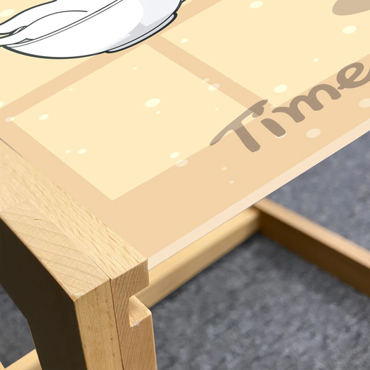 Cartoon Coffee Table, Panda Bear Carrying Small Cat In A Cup Time To Relax Writing And Heart Shape, Acrylic Glass Center Table With Wooden Frame For O