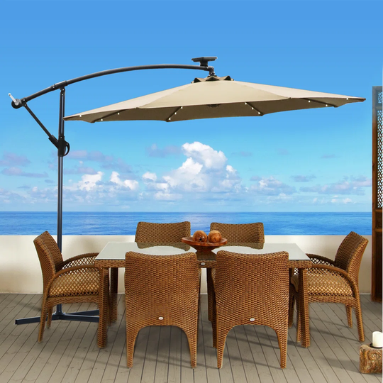10FT Solar LED Offset Hanging Market Patio Umbrella with Base