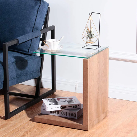 Glass Rectangle Side Table Modern Small Storage Coffee Table Oak Sofa End Table Living Room Bedside, Dark Brown