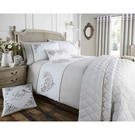 Embroidered Gingham Heart Beige 200 TC Duvet Cover Set