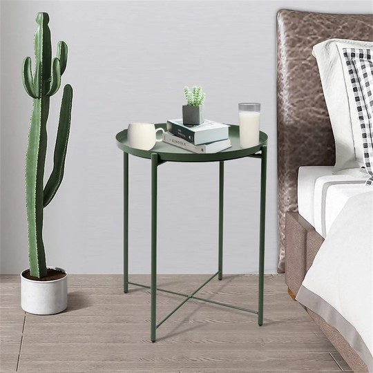 Round Metal End Table Living Room Small Side Table With Removable Tray Drink Snack Coffee Table For Bedroom Balcony Anti-Rust And Waterproof Bedside T