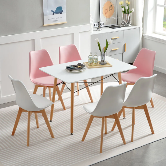 Set Of 6 Dining Chairs Upholstered Chair With Beech Wood Legs And Padded Chair For Dining Room Living Room Bedroom Kitchen Meeting Room,White + Pink