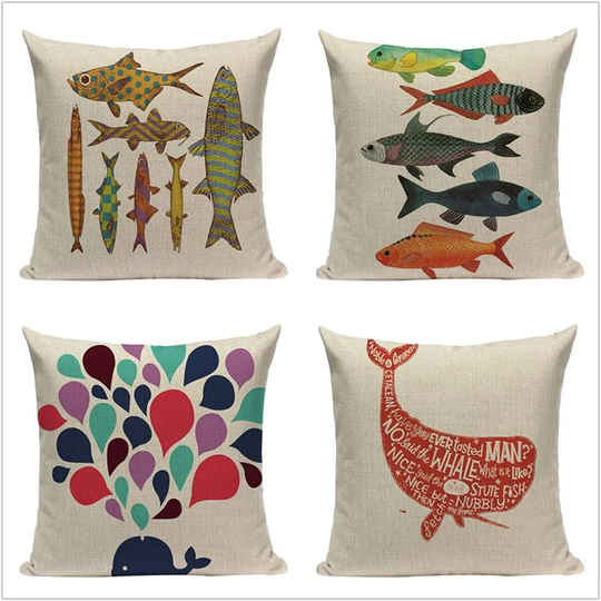Set Of 4 Colorful Whale Decorative Square Cushion Covers 20X20inch Cotton Linen Throw Pillow Case Pillowcases 50X50cm With Invisible Zipper For Outdoo