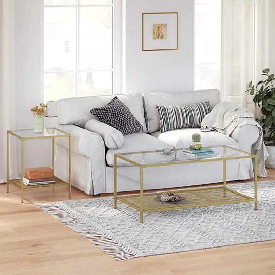2-Tier End Table, Side Table, Accent Table With Tempered Glass Top And Mesh Shelf, Stable Steel Frame, For Living Room Bedroom, Gold And Transparent C