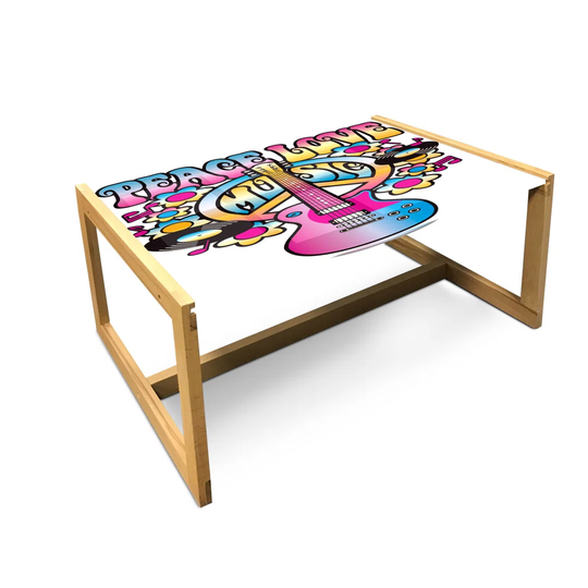 Groovy Coffee Table, Peace Love Music Text Guitar Records Flowers Musical Notes Illustration, Acrylic Glass Center Table With Wooden Frame For Offices