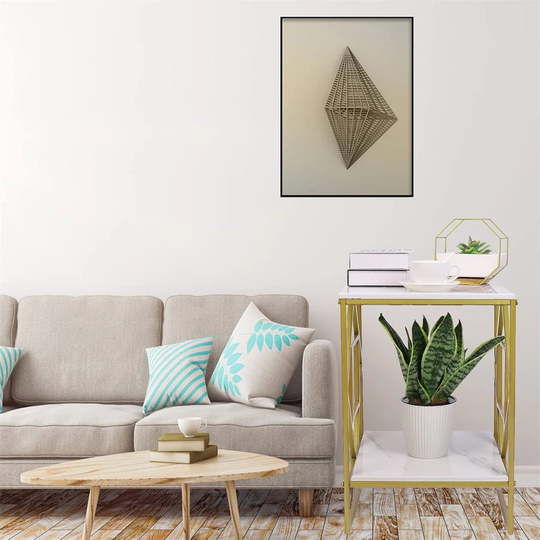 White Marble End Table 2-Tier Gold Side Table 40*40*58.5 Cm Square Side Table With Golden Geometric Rhombus Frame,Square Coffee Table Bedside Lamp Tab