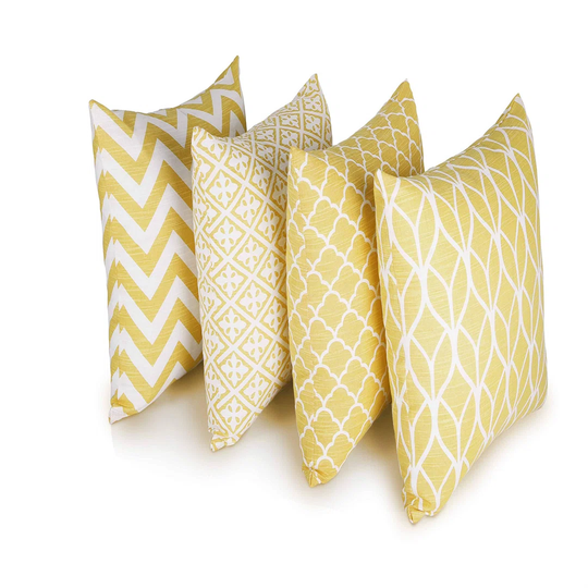 Set Of 4 Yellow Cushion Covers 45X45cm | Double Sided Square Pillow Covers | 100% Pure Cotton & Invisible Zipper | Geometric Design Pillow Cases For L