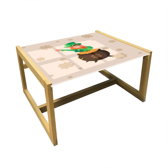 Leprechaun Coffee Table, Happy Waving Irish Character In A Coin Pot On Clover Silhouettes, Acrylic Glass Center Table With Wooden Frame For Offices Do
