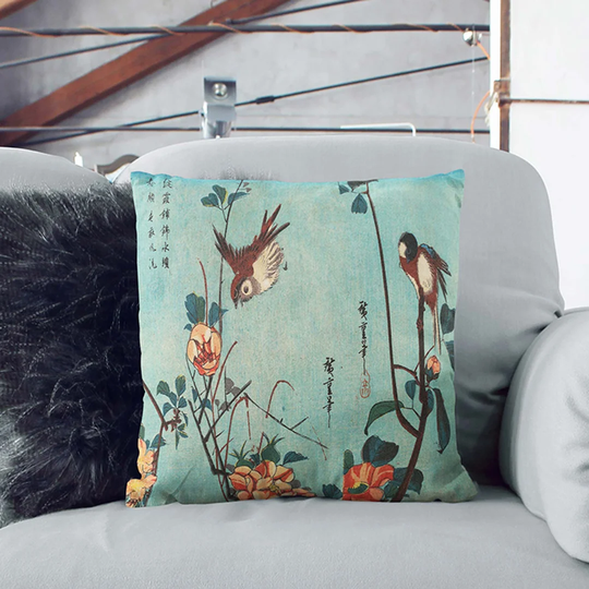 Birds on a Cherry Blossom Tree Cushion with Filling Pillow