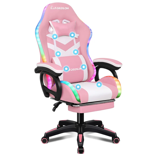 Gaming Chair With RGB LED Light 8-Point Massage Computer Office Chair With Lumbar Support Footrest Red & Black