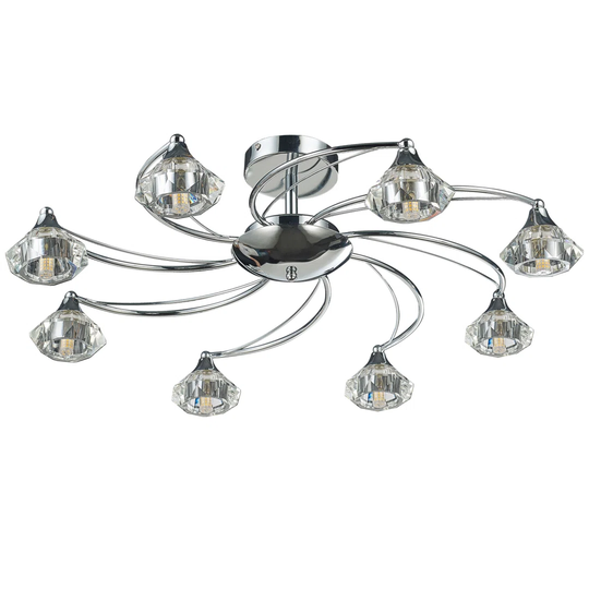 8 Light Semi-Flush Ceiling Light, Antique Brass Finish, G9 Bulb Caps, Clear Glass Shades