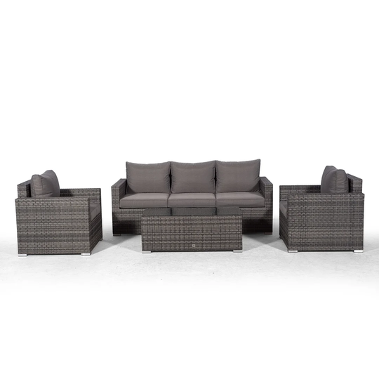 Villatoro Grey Rattan 3 Seat Sofa + 2 X Armchairs & Rectangle Coffee Table, Outdoor Patio Garden Furniture