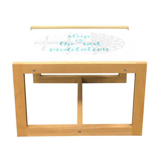 Nap Saying Coffee Table, Sleep Is The Best Calligraphy With A Soft Mandala Motif Background, Acrylic Glass Center Table With Wooden Frame For Offices