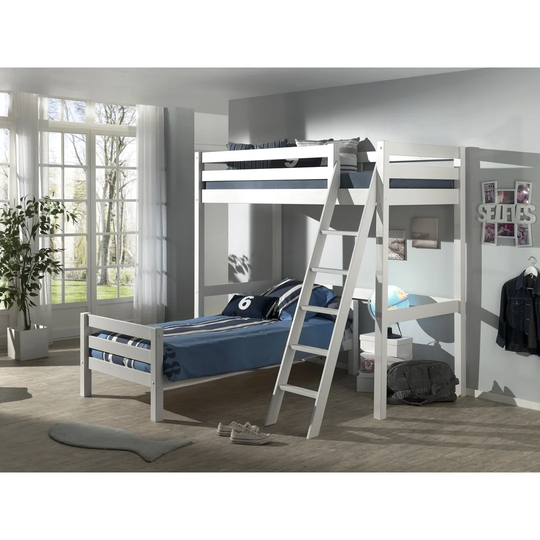 Angle Loft Bed With 2 Loungers 90 X 200 Cm, White Lacquered Version