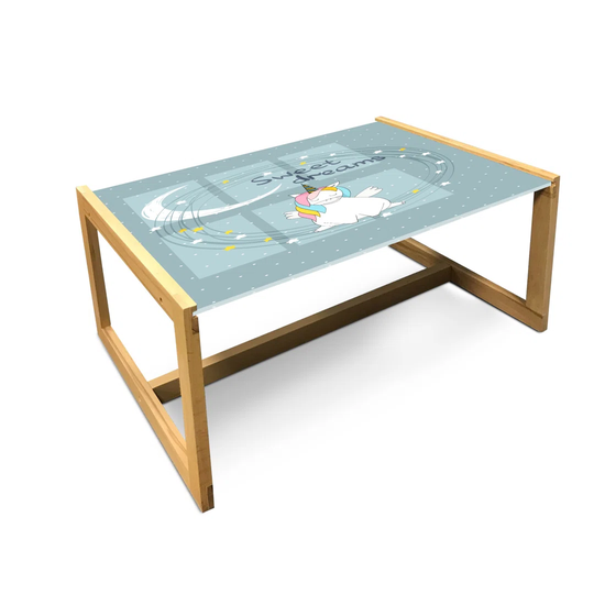 Cartoon Coffee Table, Unicorn Crescent Dreams Pattern Night Themed Nusery, Acrylic Glass Center Table With Wooden Frame For Offices Dorms Blue Grey Mu