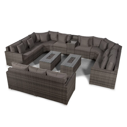 Villasenor Grey Rattan 8 Seat Sofa With 2 X Rectangle Ice Bucket Coffee Table & 3 Seat Sofa + Drinks Cooler, Outdoor Patio Garden Furniture