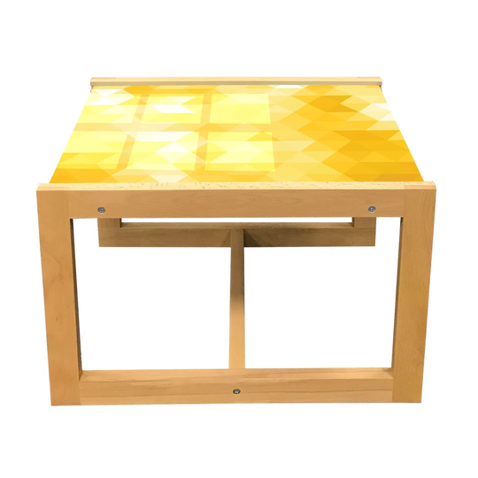 Yellow Coffee Table, Abstract Triangle Geometrical Shaded Patterns With Modern Mosaic Illustration Motifs, Acrylic Glass Center Table With Wooden Fram