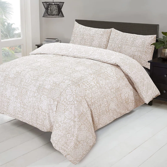 NightComfort Damask Pattern Baroque Floral Ethnic Beige Cotton Rich Duvet Cover Set with Pillowcase