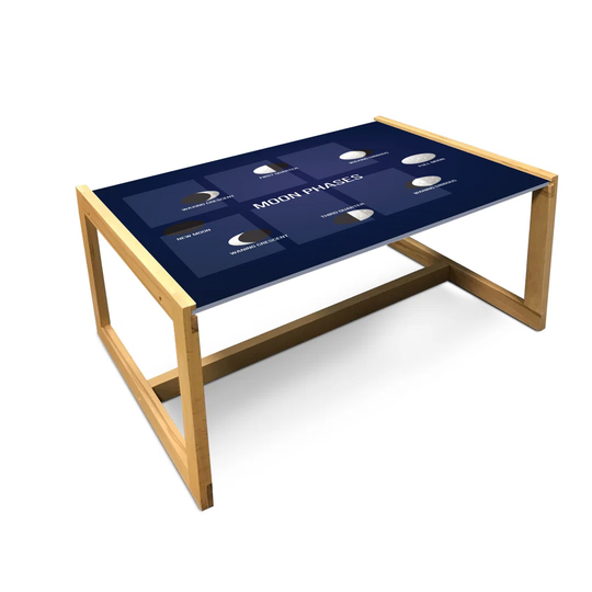 Half Moon Coffee Table, Phases Of Crescent Astronomy Science Pattern, Acrylic Glass Center Table With Wooden Frame For Offices Dorms Violet Blue Tan