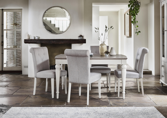 Furnitureland - Annecy Large Extending Dining Table and 6 Fabric Upholstered Roll Back Dining Chairs
