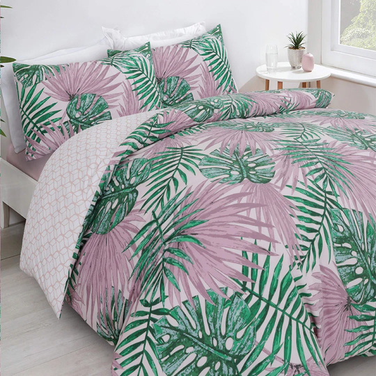 NightComfort Palm Leaf Wesley Pink/Green Cotton Rich Duvet Cover Set with Pillowcase