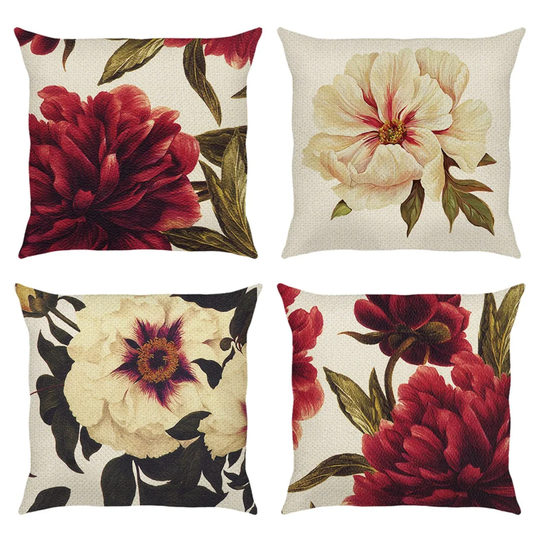 Peony Flower Cushion Covers 18 X 18 Inch Set Of 4 Red And White Floral Decorative Throw Pillow Covers Polyester Linen Pillowcases For Sofa Couch Bedro
