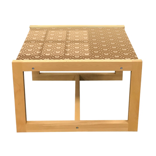 Beige Coffee Table, Oriental Wave Design Contemporary Illustration Of Old Royal Pattern Art Print, Acrylic Glass Center Table With Wooden Frame For Of