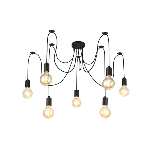 Dreifa 2M Pendant, 7 Light Black/Black Cable, E27 Max 60W, C/W Distribution Box & Cable Support Brackets