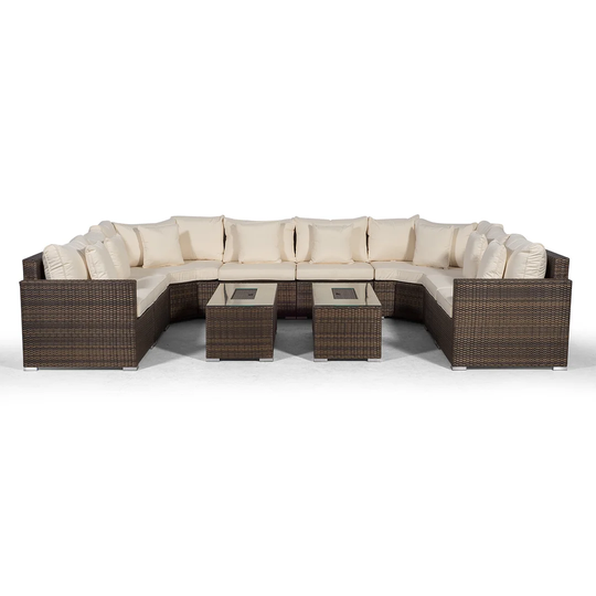 Villasenor Brown Rattan 8 Seat Sofa With 2 X Rectangle Ice Bucket Coffee Table, Outdoor Patio Garden Furniture