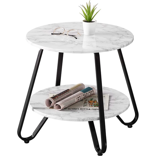 Coffee Table Round Wooden Vintage 2-Tiers Industrial Side Table With Sturdy Metal Frame Easy Assembly Pedestal Tables Small Spaces Bedside Living Room