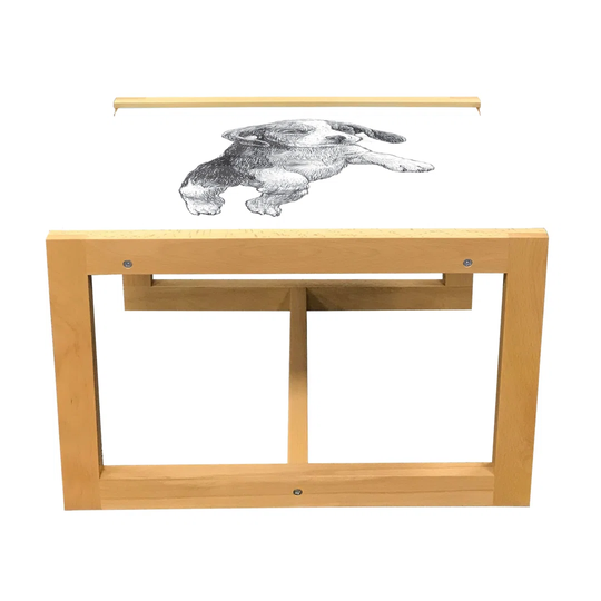 Beagle Coffee Table, Pen Greyscale Drawing Of Little Furry Animal Breed Jumping Up On Plain Backdrop, Acrylic Glass Center Table With Wooden Frame For