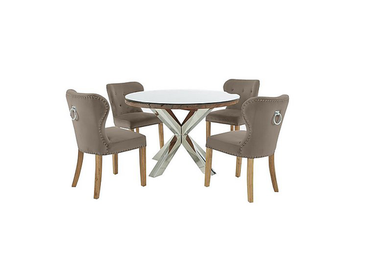 Chennai Round Table and 4 Upholstered Chairs Dining Set - Brown