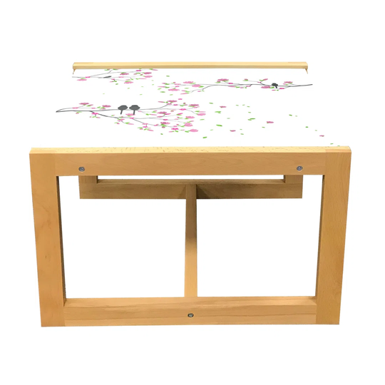 Spring Coffee Table, Tree Branches With Birds And Flowers Blossoming, Acrylic Glass Center Table With Wooden Frame For Offices Dorms Pale Fuchsia Grey