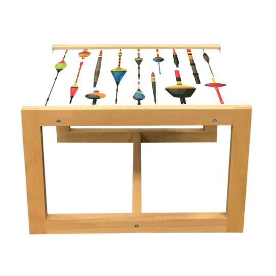 Fishing Theme Coffee Table, Colorful Fisherman Rods And Plastic Fish Baits On Plain Background Print, Acrylic Glass Center Table With Wooden Frame For