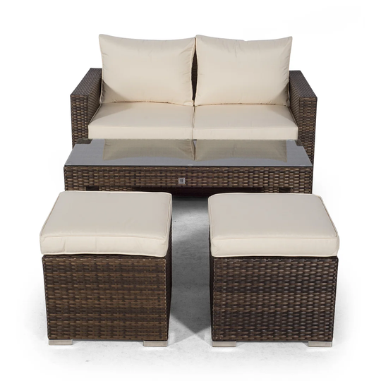 Villatoro Brown Rattan 2 Seat Sofa With 2 Stool Coffee Table, Outdoor Patio Garden Furniture